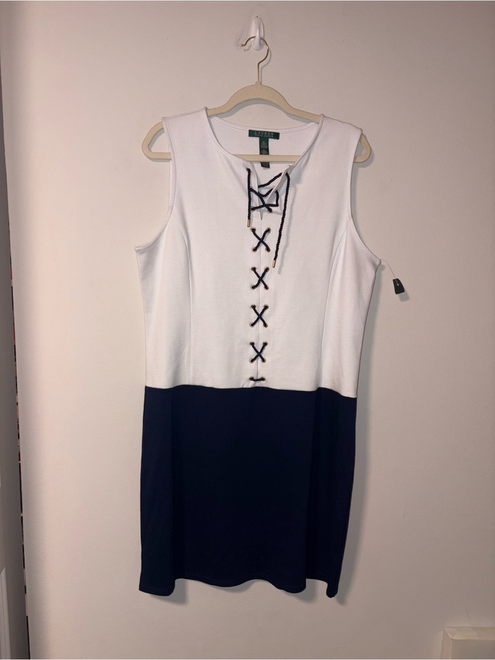 NWT Lauren Ralph Lauren White & Navy Lace Up Dress XL